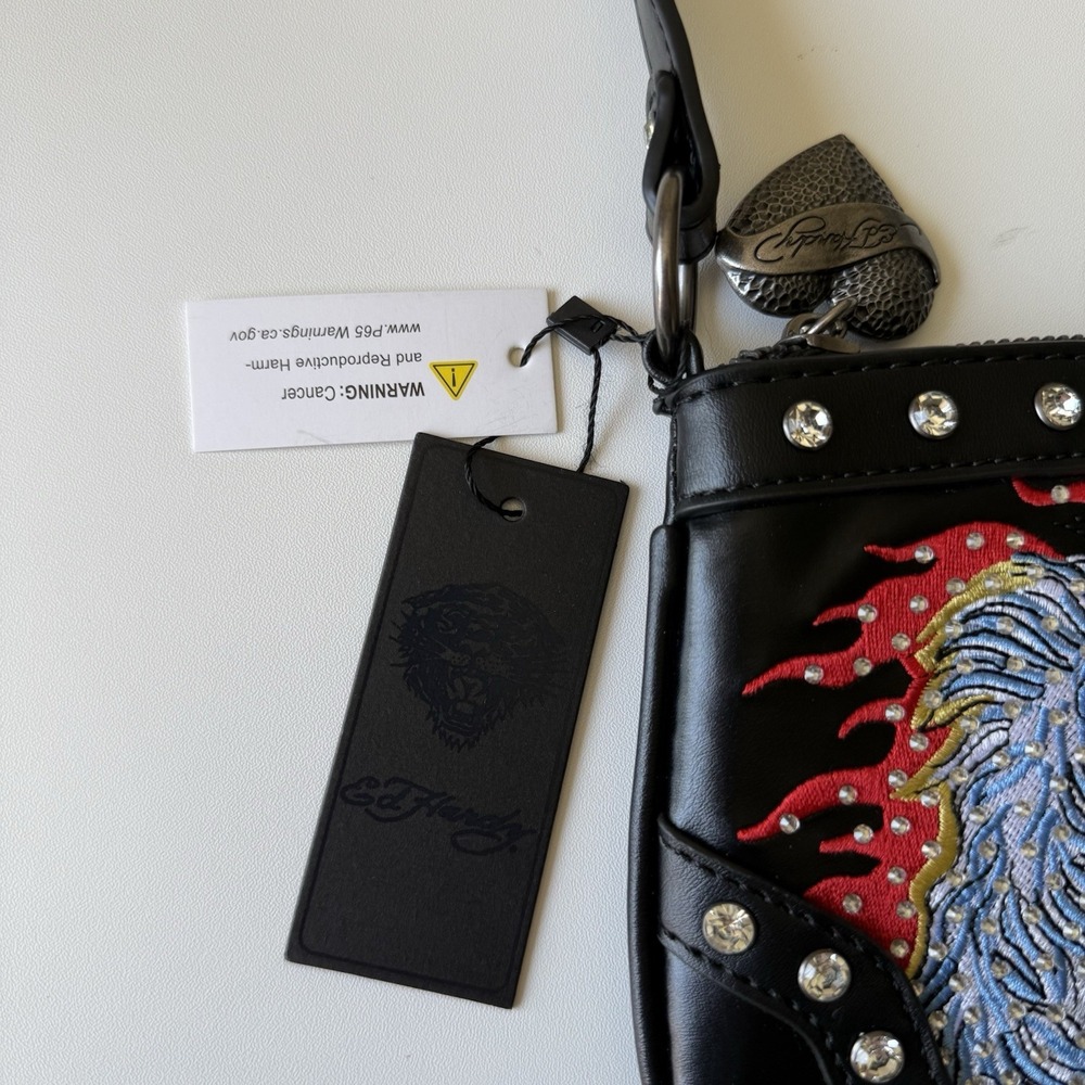 Ed Hardy Womens Shoulder Purse Bag Horses Tattoo Dead Alive Studs Black NWT Y2K - Picture 3 of 8